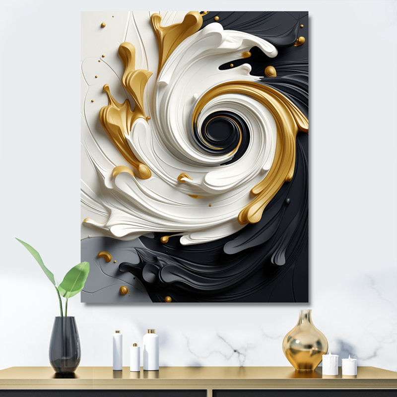 Liquide or noir et blanc texturé spirale magique - spirales abstraites, art mural, Toile tendue, H 20 po x l 12 po x P 1 po
