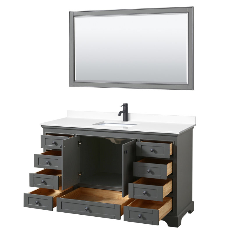 Deborah 60'' Single Bathroom Vanity with Marble Top, Carrara Cultured Marble, Dark Gray/Matte Black