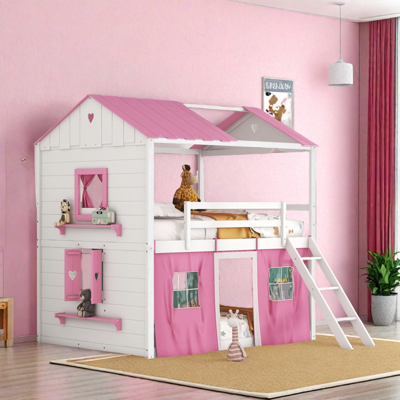 Lit superposé style maison basse avec toit, Plein , Blanc / rose