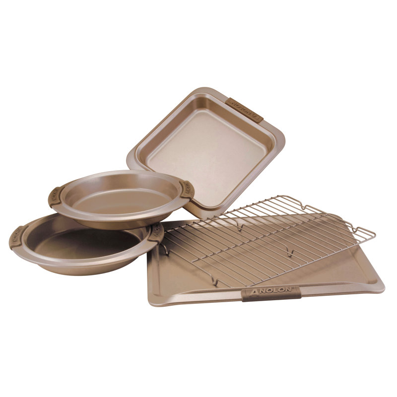 Anolon Advanced Nonstick Bakeware / Baking Set with Silicone Grips, Bronze, 5-Piece Set (3 Cake Pans, 1 Cookie Sheet, 1 Rack)