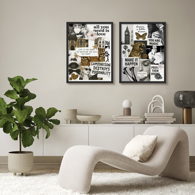 Ensemble 2 pièces d'art mural collage monochrome, H 14 po x l 11 po, Noir, noir, noir, noir