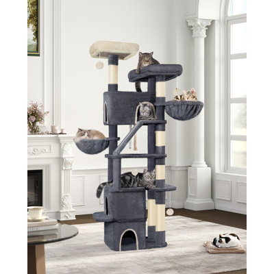 185 cm Cat Tree, Large Cat Tower for Indoor Cats, Cats House Furniture with Scratching Ramp, 2 Platforms, 3 Condos, 6 Scratching Posts, 2 Baskets, Pompoms