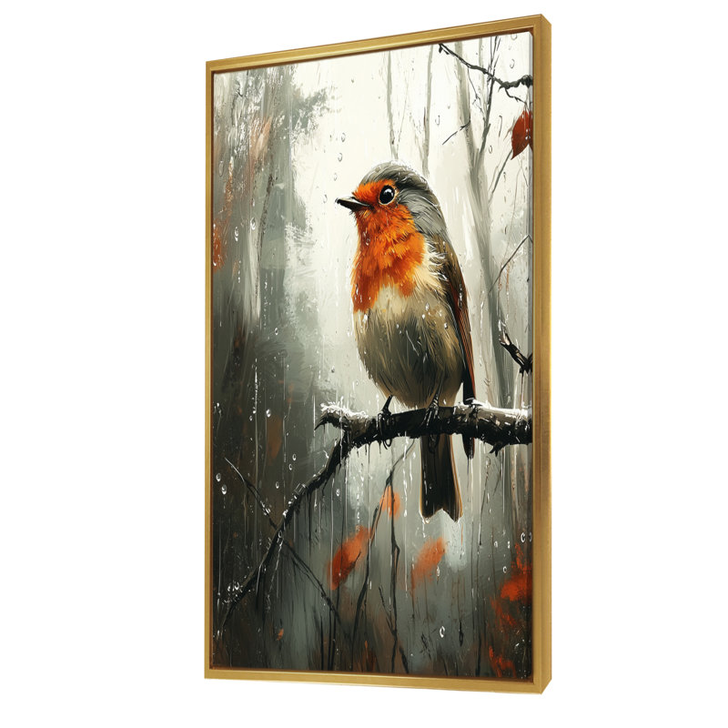 «Lachance Robin Bird In The Forest Rain I», reproduction d'art sur toile encadrée, H 60 po x l 28 po, Doré