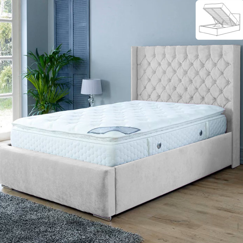 Gremillion Wingback Ottoman Storage Bed - Plush Velvet Gas Lift Bed Frame with Headboard, Double (4'6), Silver