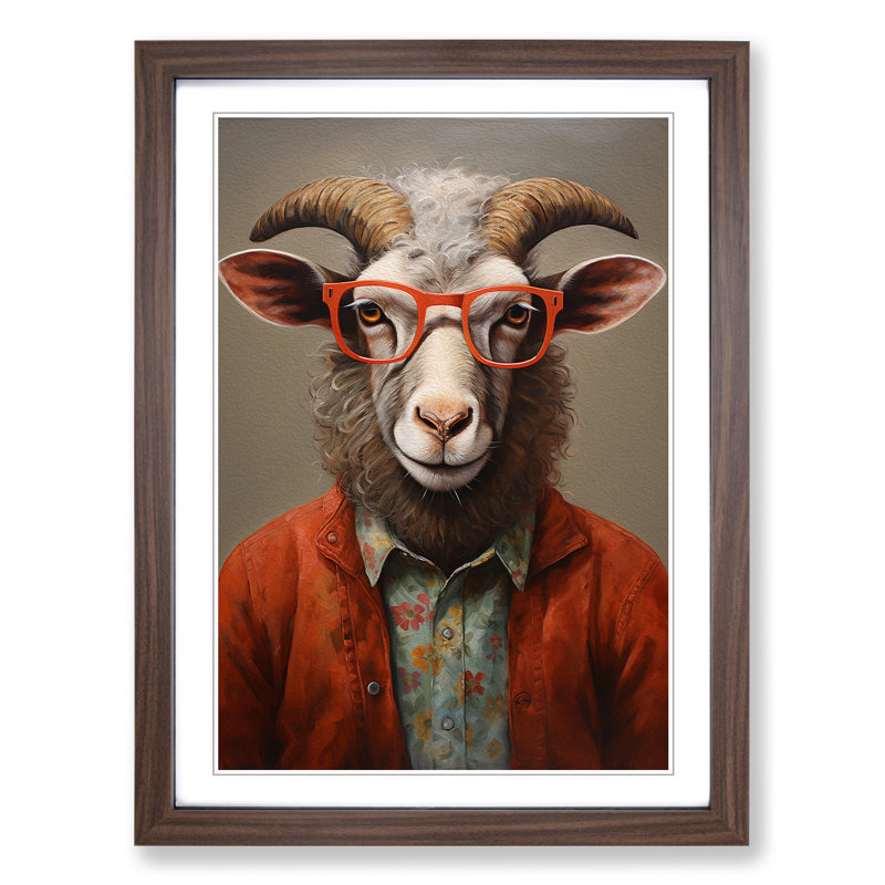 Ram Sheep With Glasses Painting - Single Picture Frame Print on Wood, 34cm H x 25cm W x 2cm D, Walnut Framed