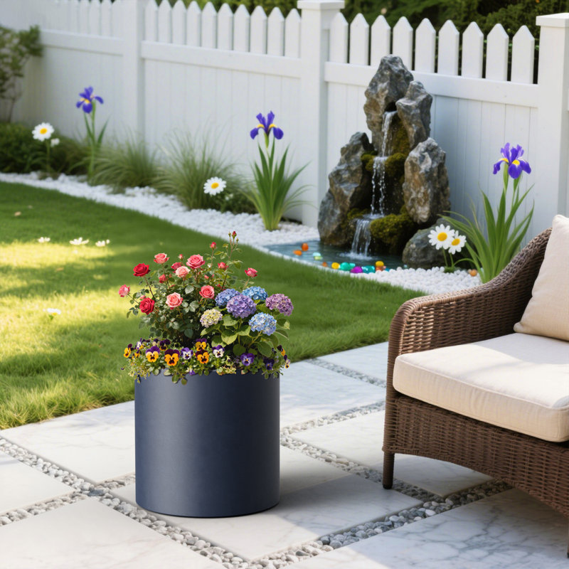 Grande jardinière ronde en béton / pot cylindrique avec trou de drainage de 16 po. Bleu marine (intérieur amélioré), Marine