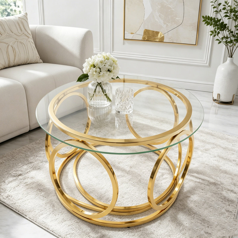 Table basse moderne à plateau rond en verre avec structure circulaire en métal, 25.4 lbs, Gold