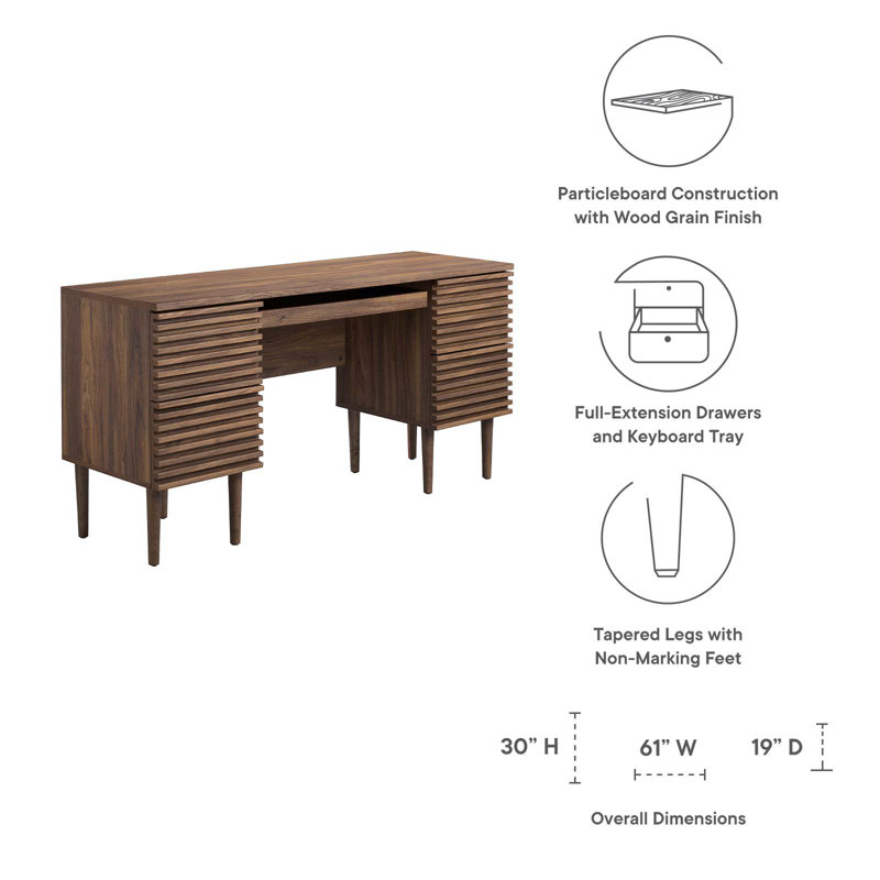 Walnut Mid-Century Modern Office Desk with Drawers and Keyboard Tray