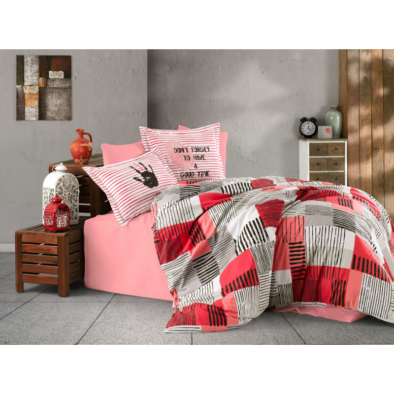 Ensemble de housse de couette 100% coton Haman, Corail / rouge, Housse de couette double TG + 3 pièces supplémen