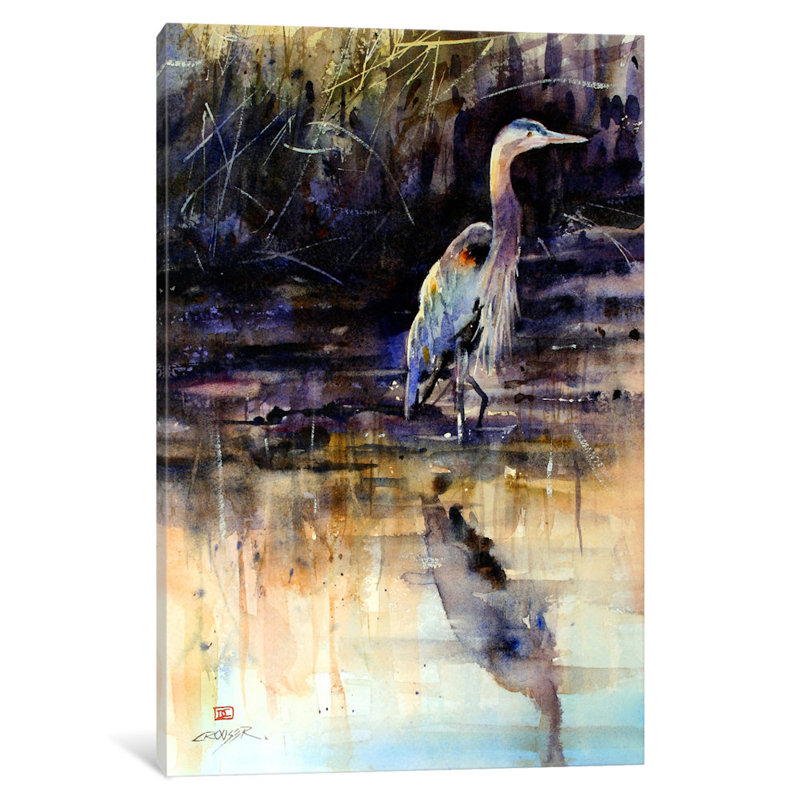 «Heron» par Dean Crouser, reproduction d'art sur toile tendue, H 18 po x l 12 po x P 1,5 po, Papier d'art encadré noir