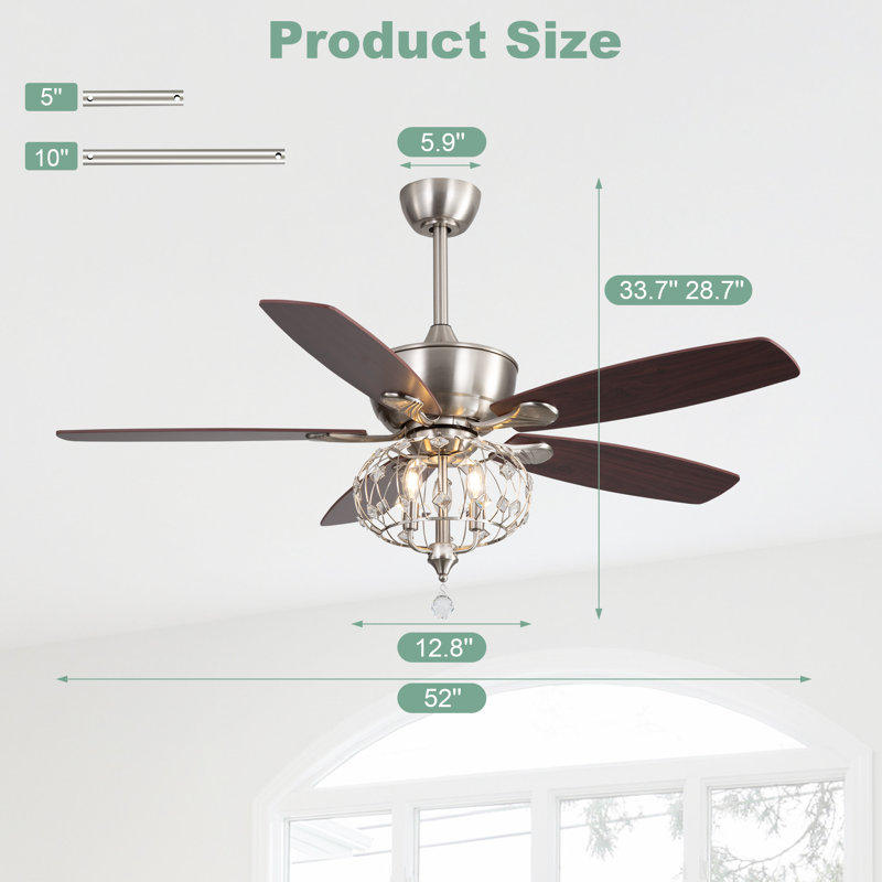 Ventilateur de plafond 52 po avec abat-jour en fer et cristal, télécommande, nickel sable