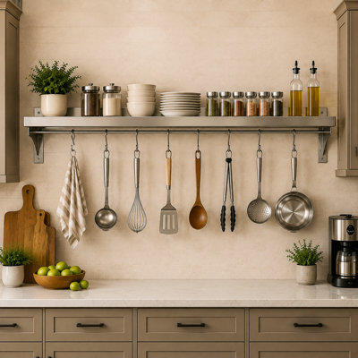 Support à casseroles à fixation murale 48 po x 12 po en acier inoxydable avec 8 crochets, 350 lb Étagère de rangement murale robuste pour la cuisine Garage