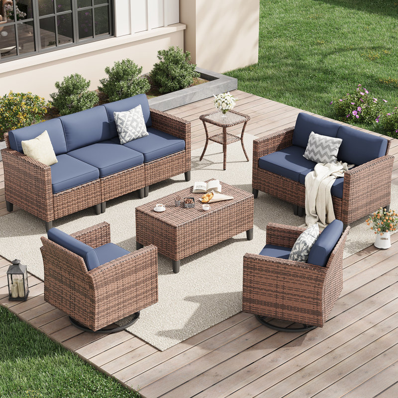 8 Piece Rattan Sectional Seating Group With Cushions, Navy