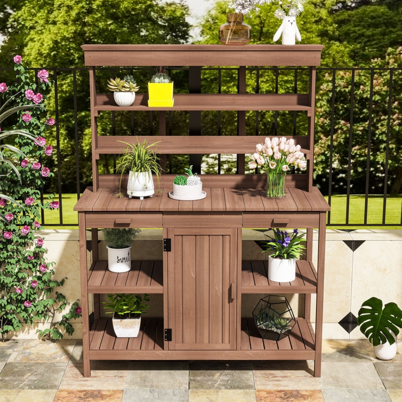 Table de rempotage Farmhouse 66 "avec grande surface de travail, tablettes ouvertes, 2 tiroirs et armoire, Brun