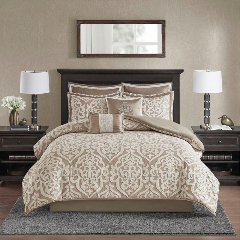 Ensemble d'édredon 8 pièces jacquard, Brun clair / ivoire, Édredon très grand et 7 pièces supplémentaires