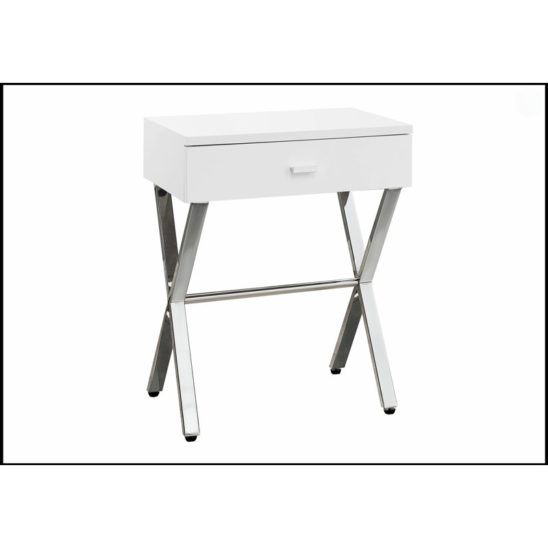 Élégante table d'appoint en métal chromé et blanc brillant avec tiroir de rangement pour les espaces de vie modernes, Blanc