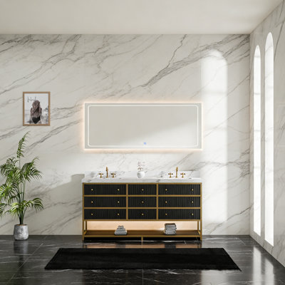Meuble-lavabo double 72 po avec comptoir en pierre d'ingénierie, double lavabo sous comptoir, tablette DEL et 7 tiroirs à fermeture en douceur - armoire noire ou blanche avec cadre doré