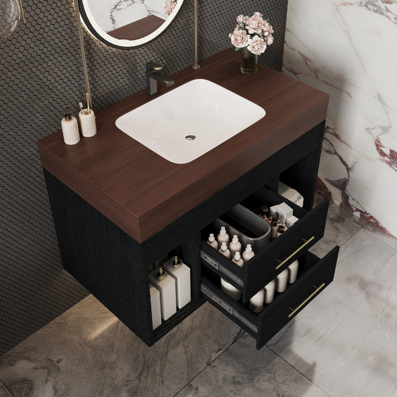 Ensemble de meuble-lavabo mural flottant 29,9 po, Noyer