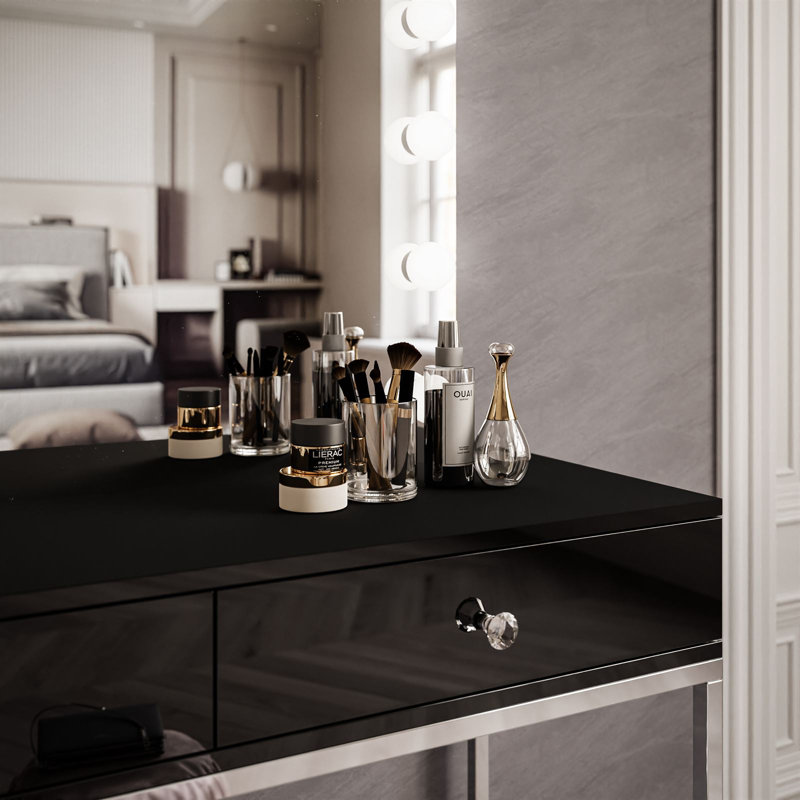 Begie Dressing Table with Mirror, Chrome/White high gloss/White crystal handle