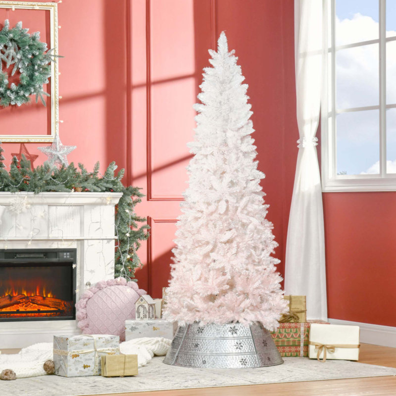 Sapin de Noël artificiel non éclairé 6 pi avec branches réalistes et base en acier, rose et blanc