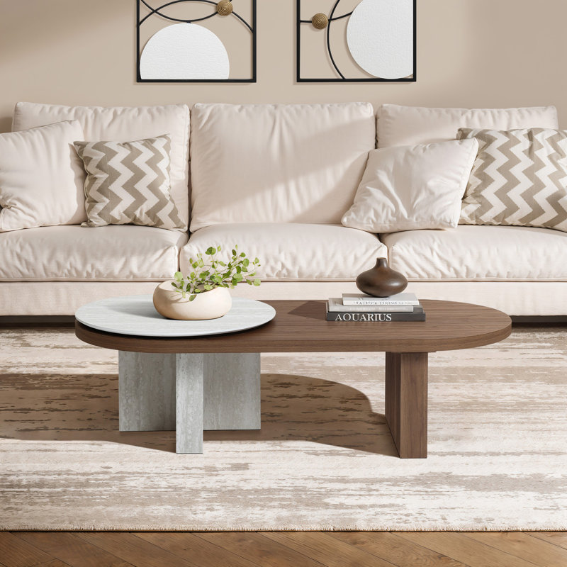 47.2'' Modern Travertine-Style Coffee Table, Oval Walnut Finish Geometric Coffee Table