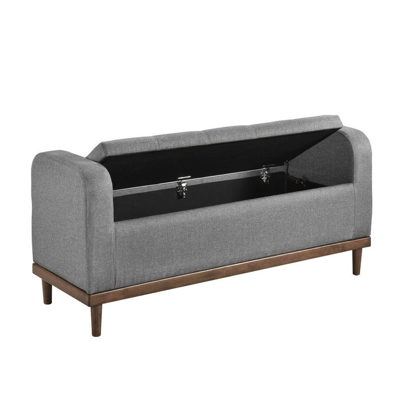 Gray Upholstered Mid-Century Modern Lift Top Storage Bench, Solid Wood Walnut Bedroom Piece Bench In Design, Fabric Upholstery,