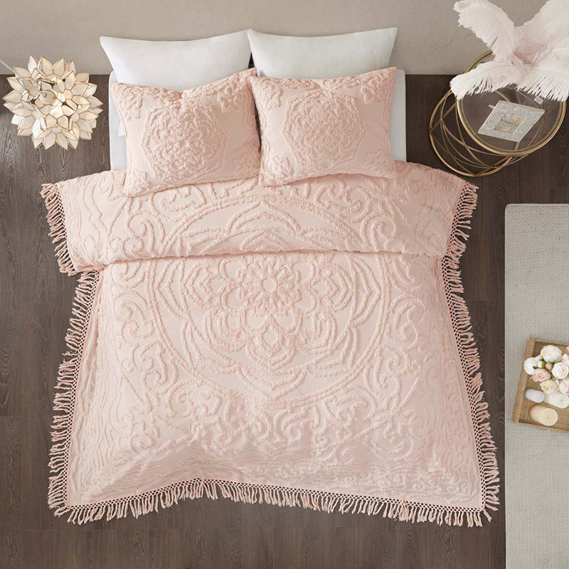 Mini ensemble de couvre-lit touffeté en chenille, Rosé, Couvre-lit très grand + 2 taies décoratives stan