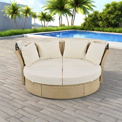 Outdoor Convertible Patio Wicker Rattan Daybed With Retractable Canopy, 4 Pillows