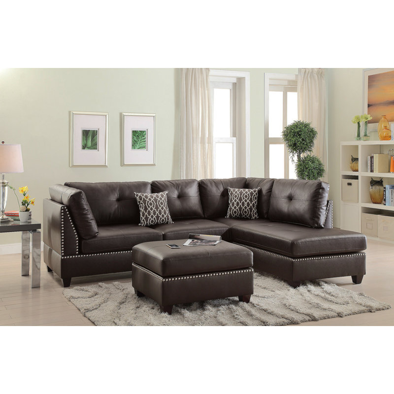 3 pièces Canapé modulaire espresso en cuir reconstitué avec méridienne réversible