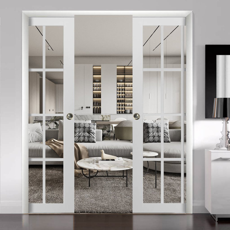 84" x 84" White Solid Wood French Pocket Doors with Clear Glass