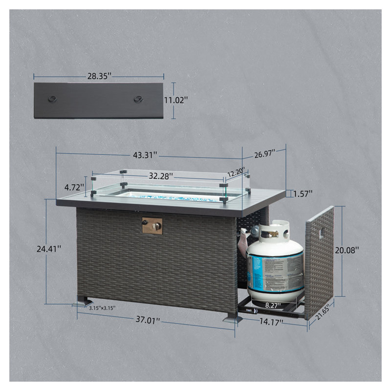 43.3" Outdoor Propane Fire Pit Table with Glass Wind Guard, 50,000 BTU Smokeless Gas Fire Pit for Patio