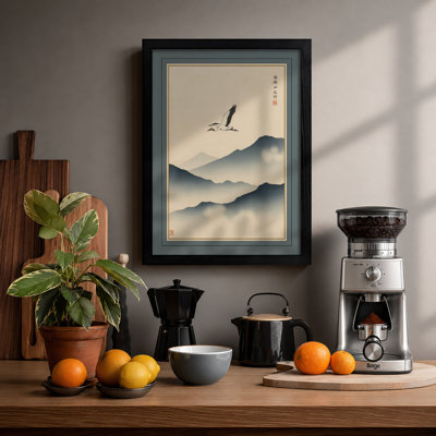 Bird Over Mountains Japandi - Framed Print