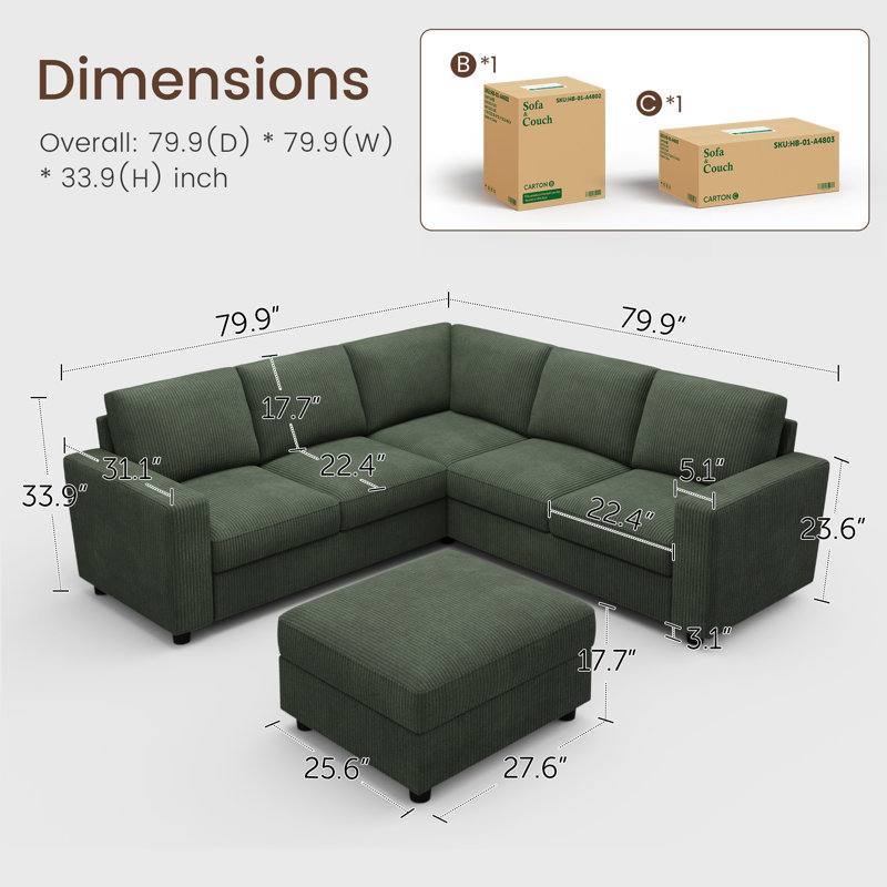 Canapé modulaire en velours côtelé avec rangement Abramson, Velours côtelé vert, H 33,9 po x l 79,9 po x P 79,9 po