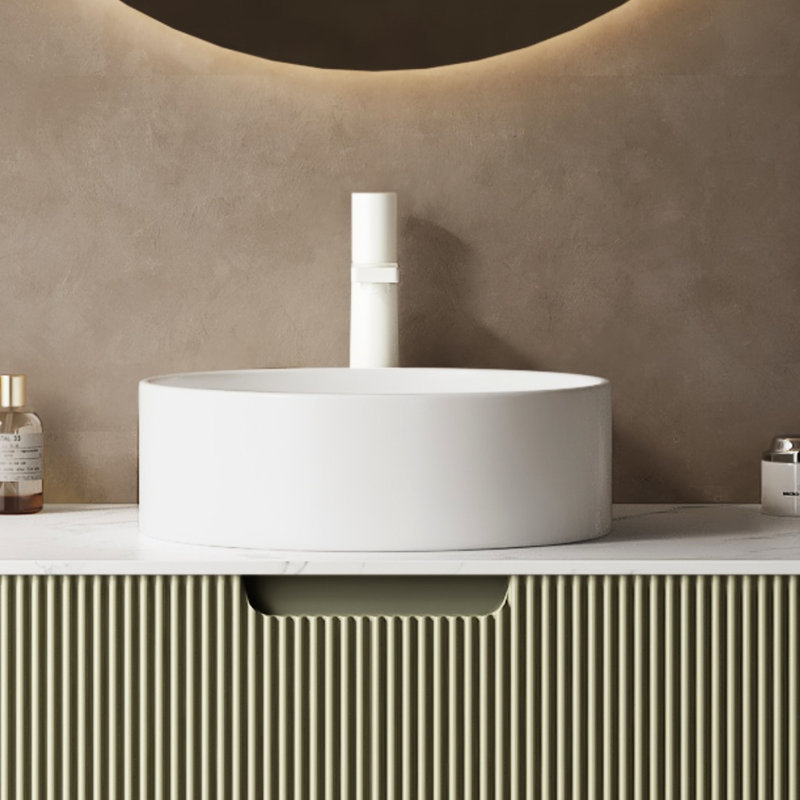 Lavabo de salle de bain rond en céramique 14 po - blanc, construit avec lavabo moderne