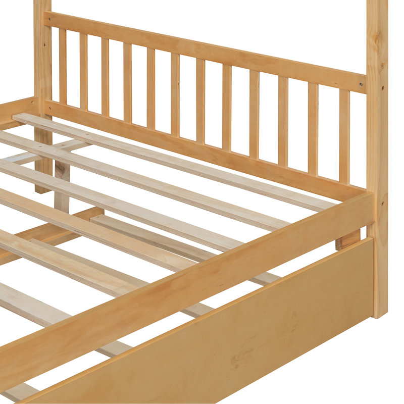 Twin Size Wooden House Bed With Twin Size Trundle, Natural, Natural, Twin