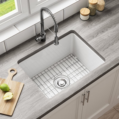 Undermount Kitchen Sink, 24" x 19" Dual Mount Large Fireclay Sink with Bottom Grid and Strainer Drain