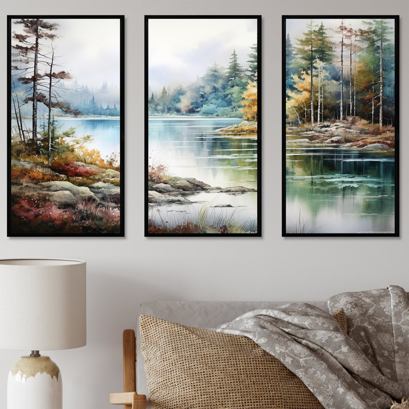 «Lakes Rivers Scandinavian Tranquility - River», ensemble d'art sur toile, Cadre flottant noir, H 40 po x l 60 po x P 1 po