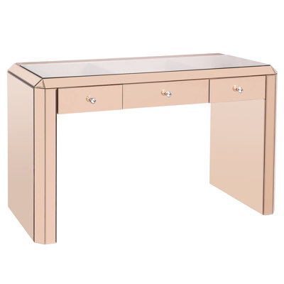 SlayStation Deanna Vanity Table with Glass Table Top, Soft Close 3 Drawer Storage and Crystal Lux Drawer Knobs