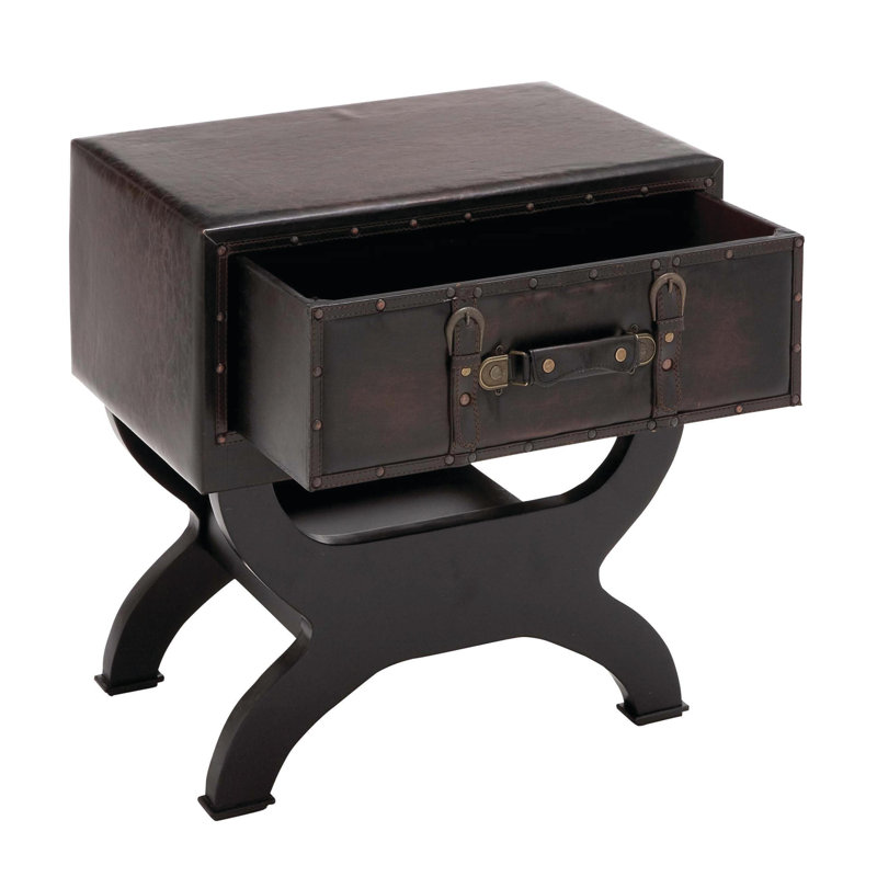 Vintage Black Faux Leather End Table with Single Drawer