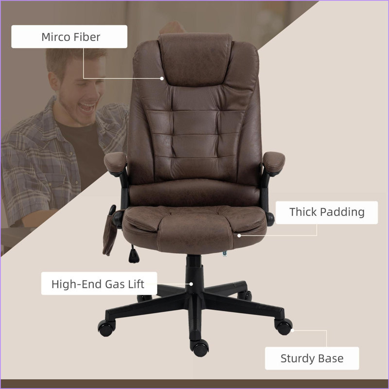 Massage Office Chair High Back Executive with 6 Point Vibration, Heat &amp; Reclining Microfiber Walnut Brown | Polyester