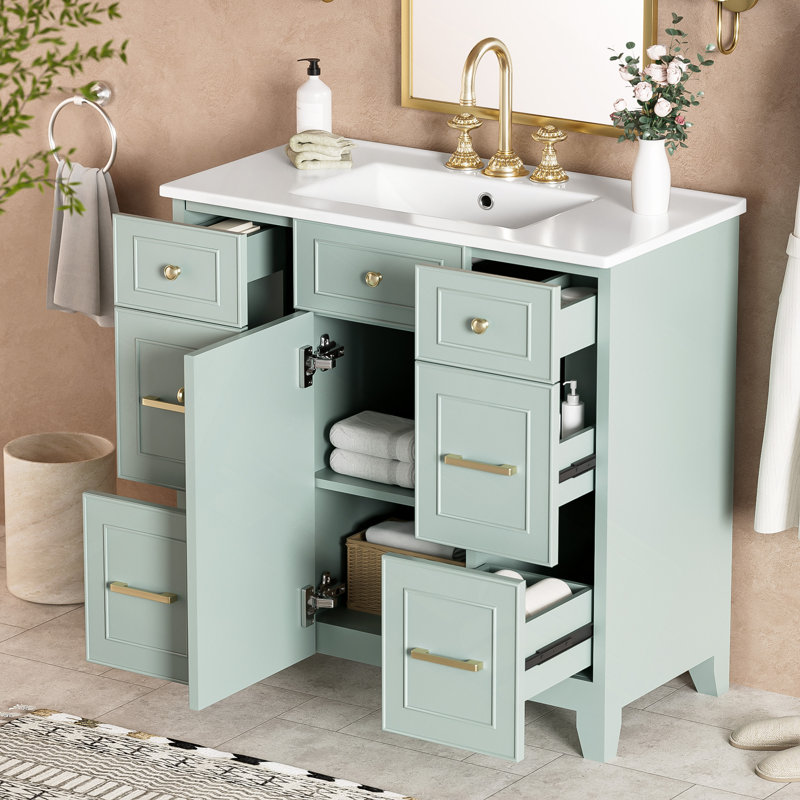 Meuble-lavabo 36 po avec lavabo en céramique, portes à fermeture douce, 2 tiroirs double couche et 2 tiroirs standard, tablette réglable