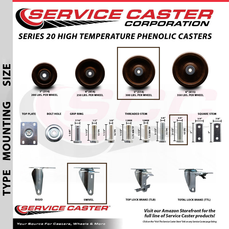 Temp Phenolic 3/4 Inch Stem Caster Set 2 Total Lock Brakes