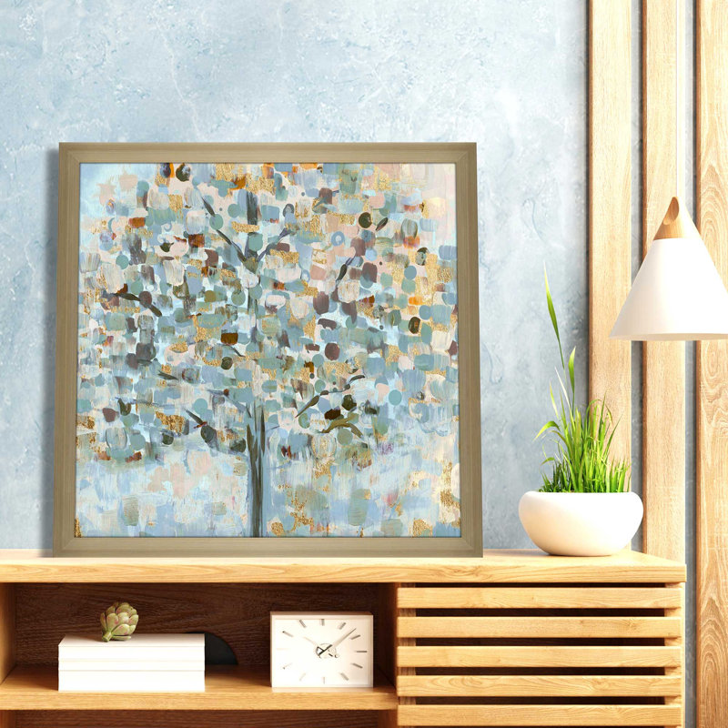«Mosaic Tree» par Susan Jill - Peinture, L 25,5 po x H 25,5 po, Encadrement brun