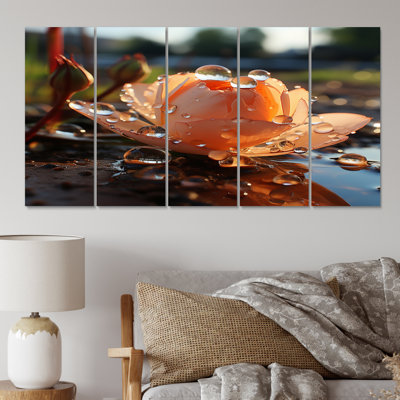 «Morning Dew Drops On Pink Rose» - art mural fleurs salon - 5 panneaux égaux