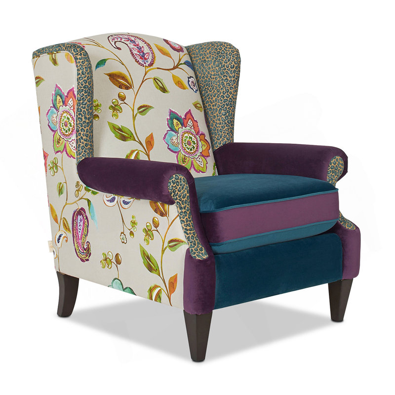 Fauteuil d'appoint, motif floral et léopard, velours bleu turquoise et violet, Brun