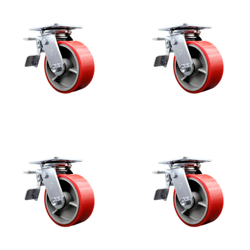 5 Inch Poly on Steel Caster Set with Roller Bearing and Total Lock Brake, Rouge