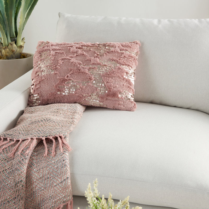 Blush Pink Faux Fur Sequins 20" Square Throw Pillow