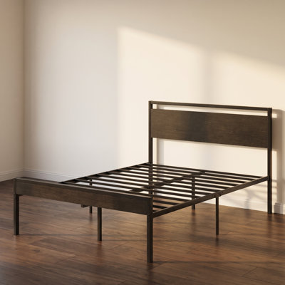Full Black Metal Platform Bed Frame with Solid Wood Headboard and Footboard, Underbed Storage