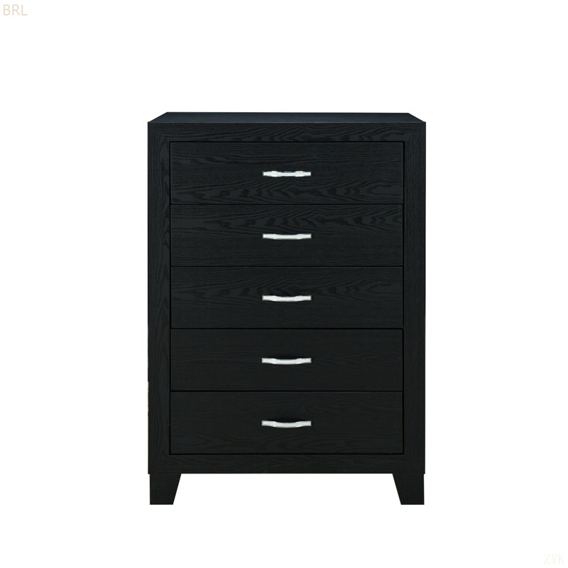Commode 5 tiroirs moderne noire avec poignées argentées