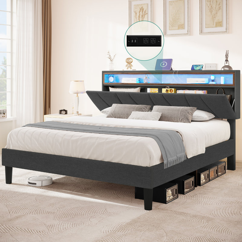 Branae Cushioned Flat Storage Bed with Storage Headboard and LED Lights, Cushioned Bed with Sockets and USB Ports, Gray